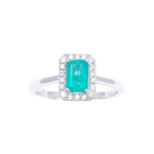 18ct Gold Natural Emerald Diamond Halo Ring Round & Emerald Cut 0.70ct