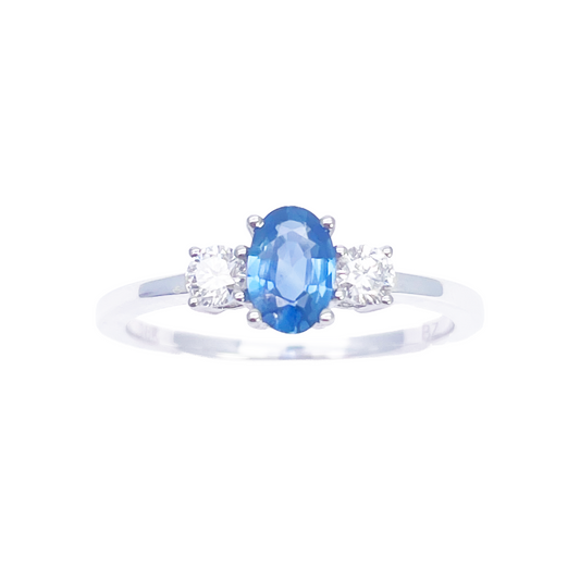 18ct Gold Natural Sapphire Diamond Three-Stone Ring Round & Oval Cut 0.65ct