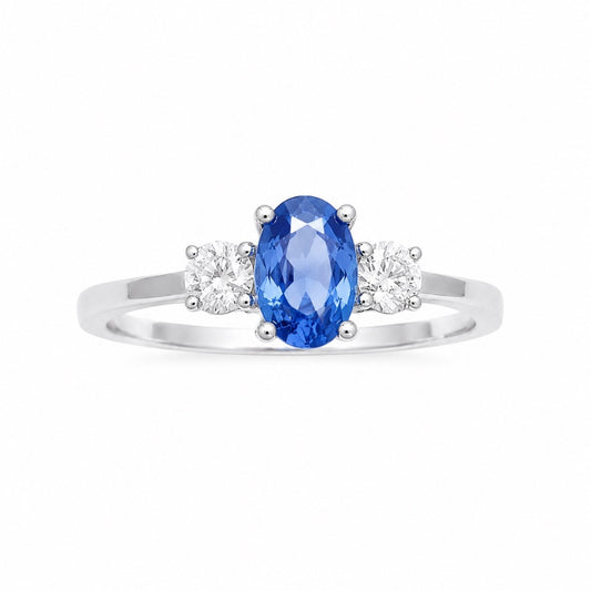 18ct Gold Natural Sapphire Diamond Three-Stone Ring Round & Oval Cut 0.65ct