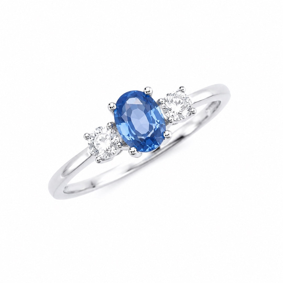 18ct Gold Natural Sapphire Diamond Three-Stone Ring Round & Oval Cut 0.65ct
