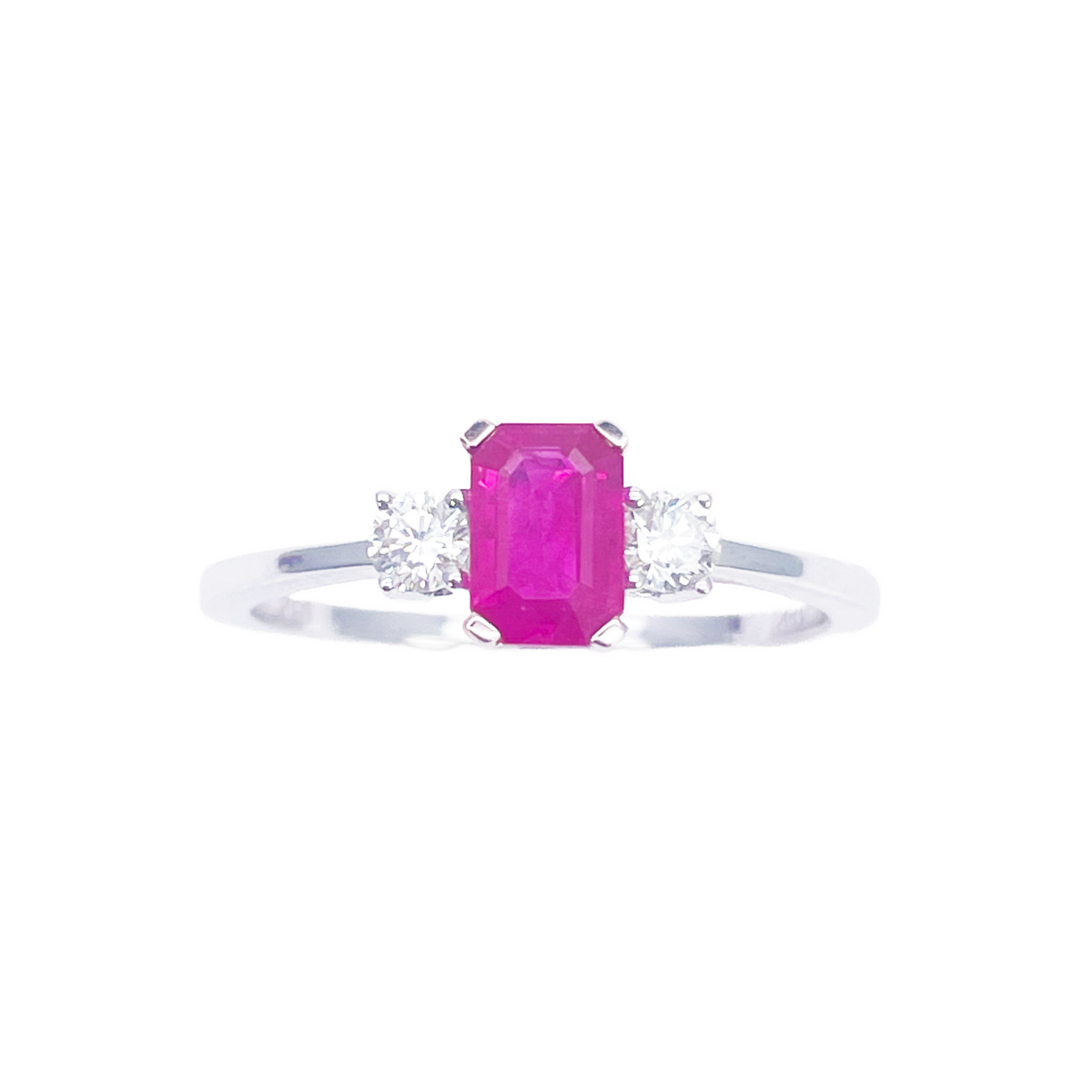 18ct Gold Ruby Diamond Ring Natural Round & Emerald Cut Three-Stone 0.75ct