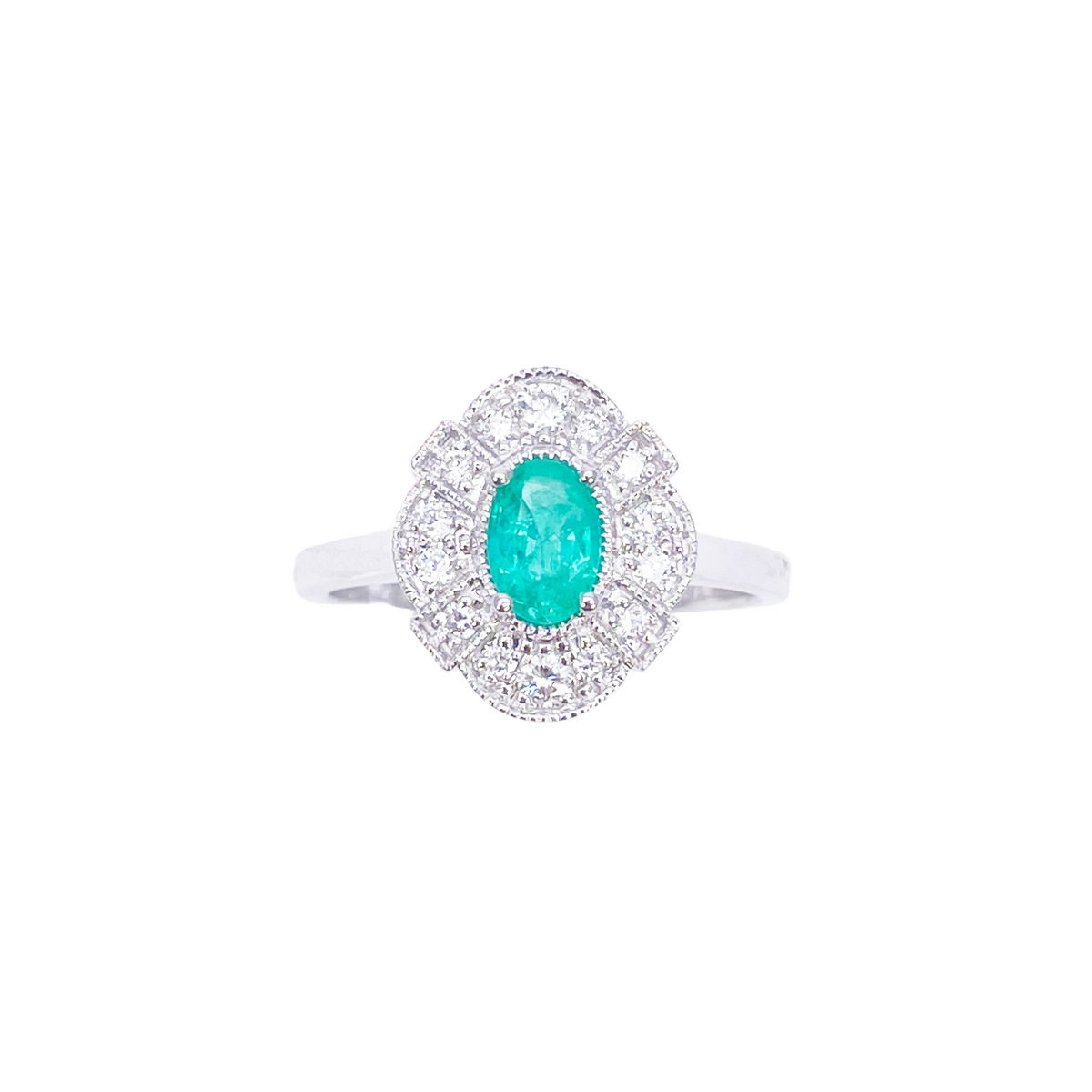 18ct Gold Natural Emerald Diamond Halo Ring Round & Oval Cut 0.65ct