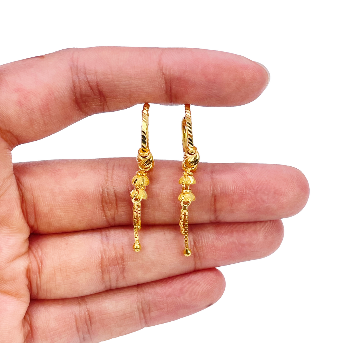 22ct Yellow Gold Diamond-Cut Beaded Drop Huggie Hoop Earrings 14mm
