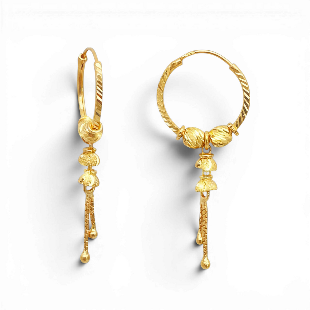 22ct Yellow Gold Diamond-Cut Beaded Drop Huggie Hoop Earrings 14mm