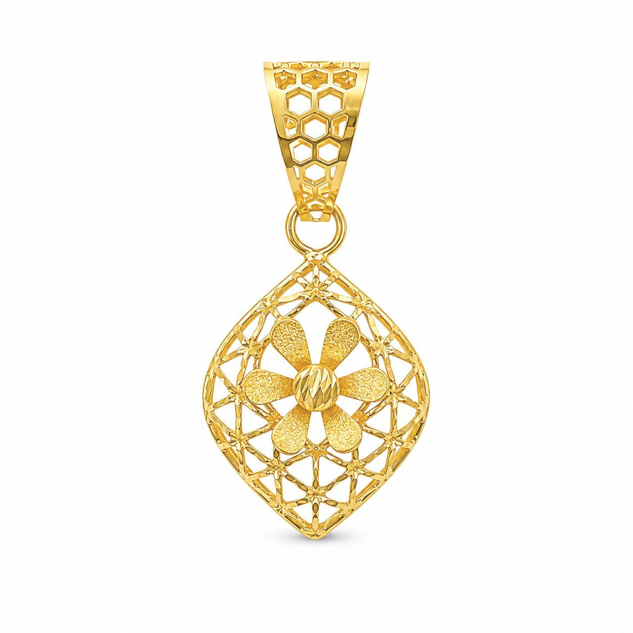 22ct Yellow Gold Diamond Cut Geometric Mesh Rhombus Daisy Pendant