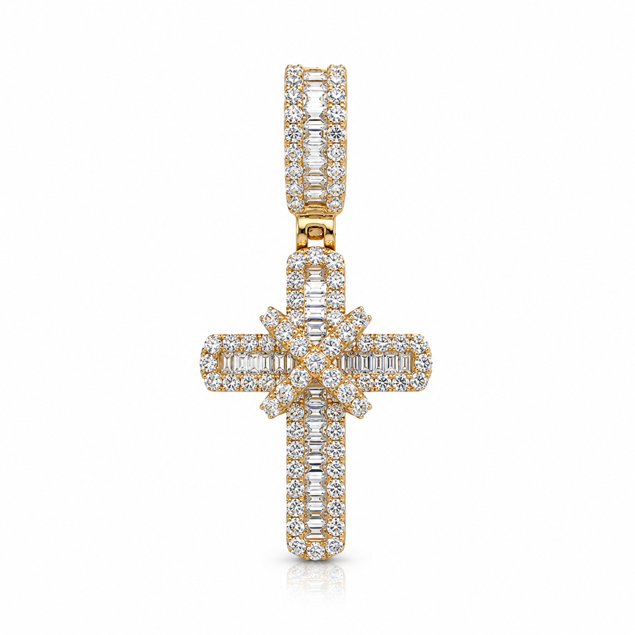 14ct Yellow Gold Natural Diamond Baguette Round Cluster Cross Pendant 0.65ct