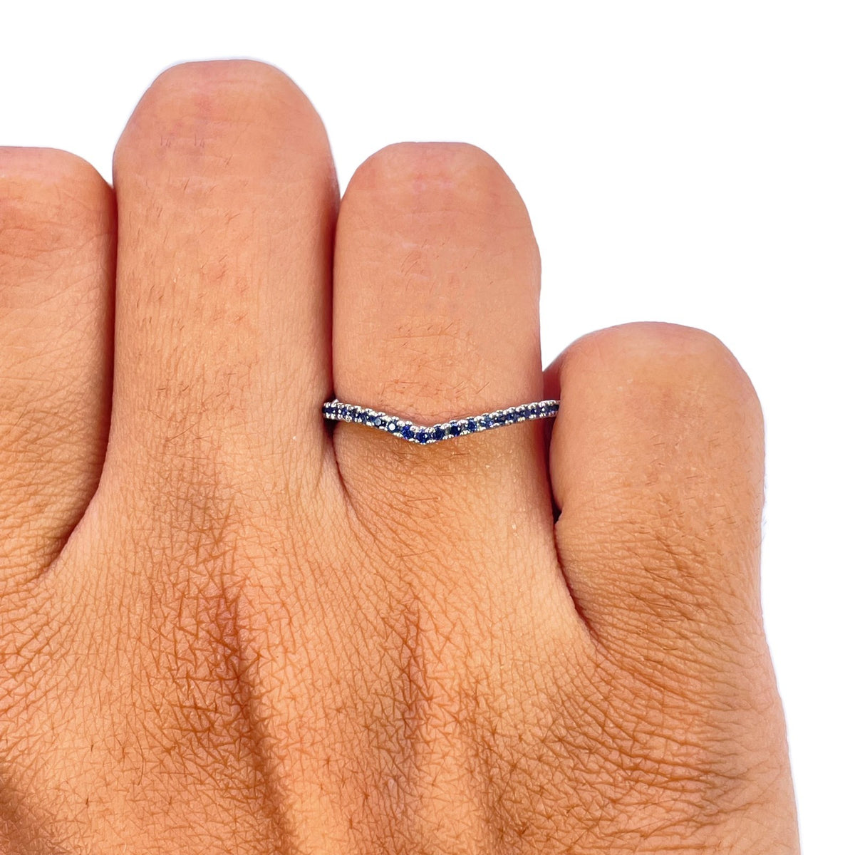 14ct White Gold Natural Sapphire Wishbone Ring Pave 0.17ct