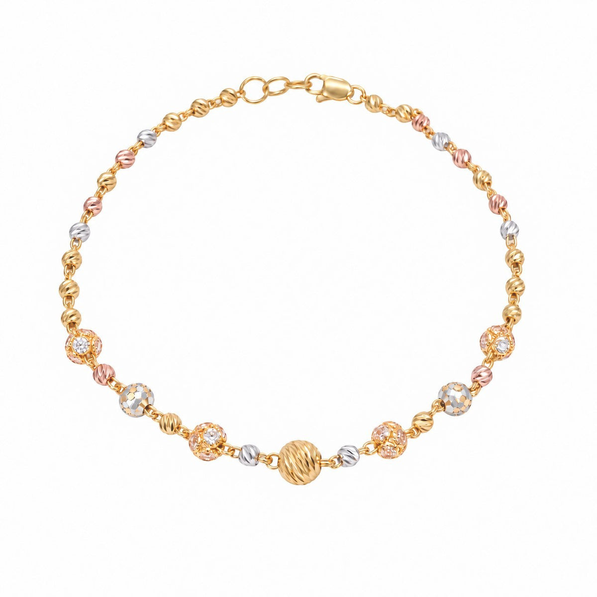 22ct Gold Tri Colour Spherical Diamond Cut Bead Bracelet