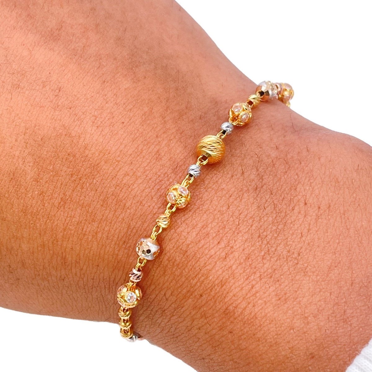 22ct Gold Tri Colour Spherical Diamond Cut Bead Bracelet
