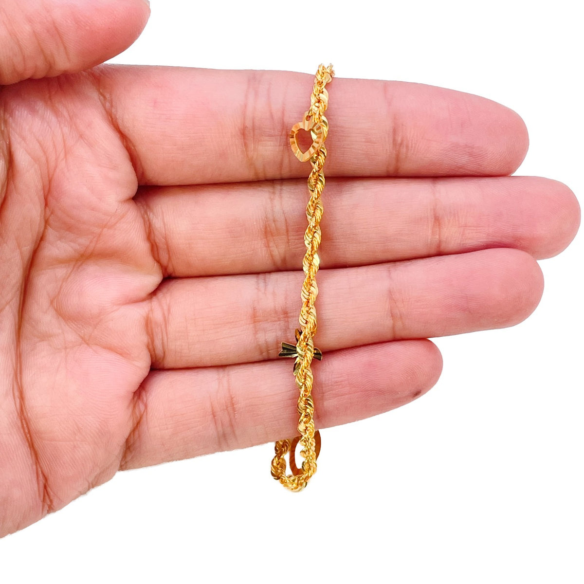 22ct Yellow Gold Lightweight Rope Chain Bracelet with Diamond Cut Open Charms