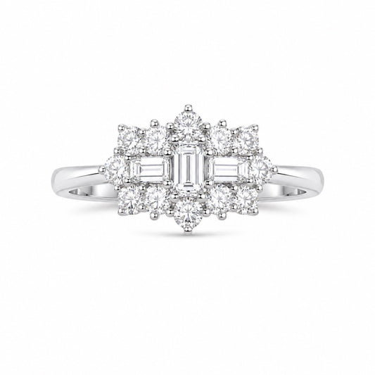 18ct White Gold Natural Diamond Baguette Round Starburst Cluster Ring 0.45ct