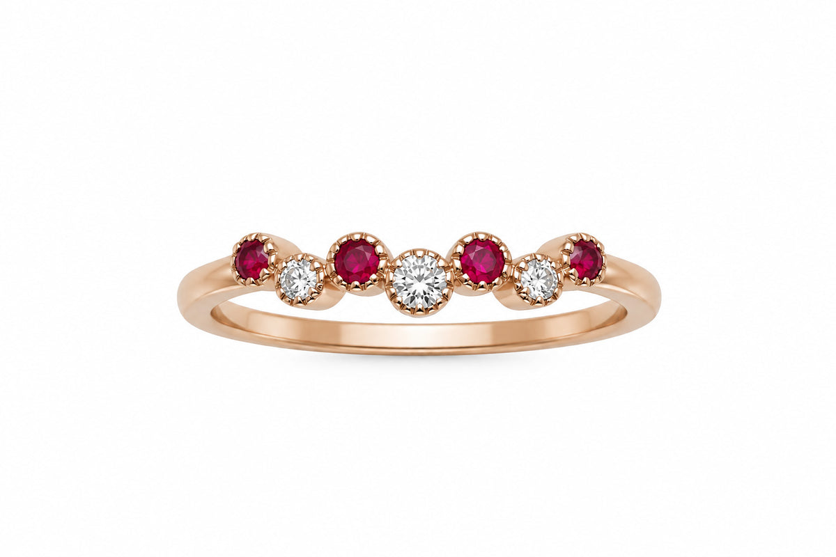 18ct Rose Gold Bubble Ring with Natural Rubies & Diamonds 0.14ct