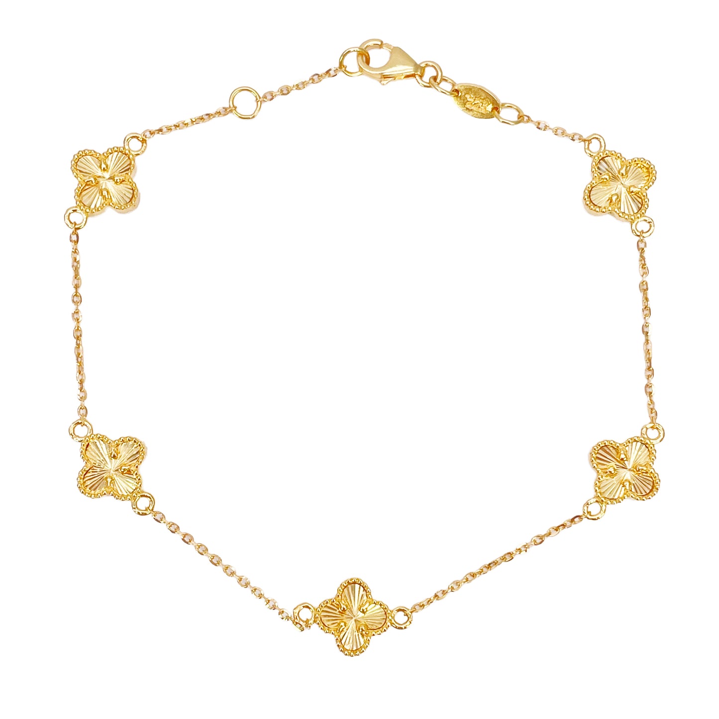22ct Yellow Gold 5 Floral Mini Clover Diamond Cut Bracelet 7.5 Inches